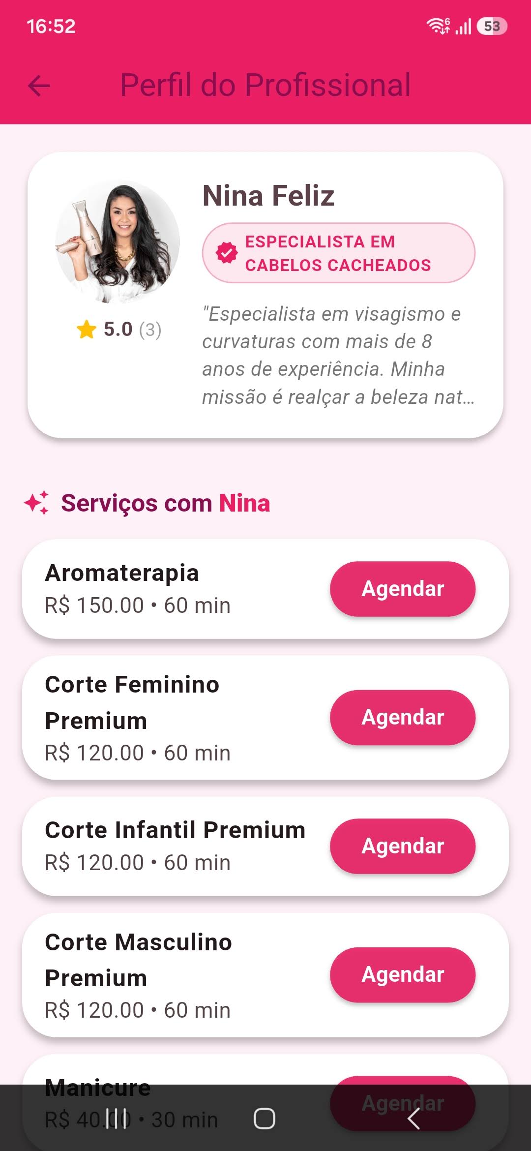 Serviços por profissional no Eloara